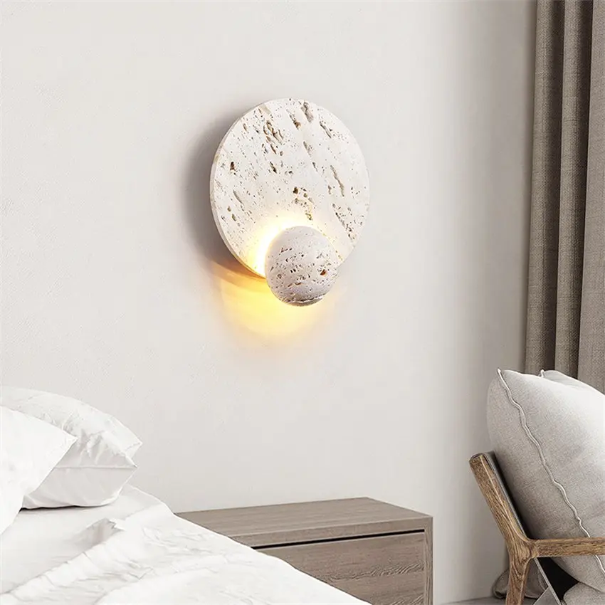 Nordic white travertine cream style bedside wall lamps bedroom living room designer Japanese style house sconces lights lighting