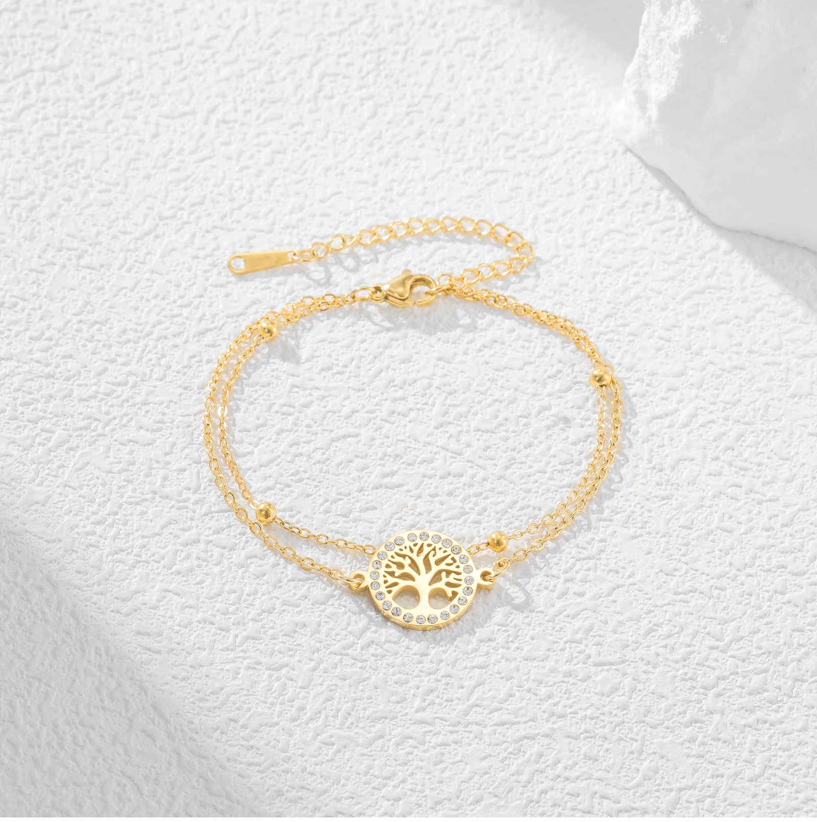 CoolTime Baum des Lebens Ring Zirkon Damenarmbänder Edelstahl Doppelketten Schmuck Goldfarben Mode Amulett Geschenk – Detail 15