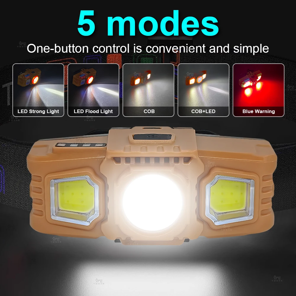 

5 Modes COB Headlamp Head Flashlights Fishing Running Head Torch Camping Hiking High Power HeadLights USB Rechargeable LED Lamps