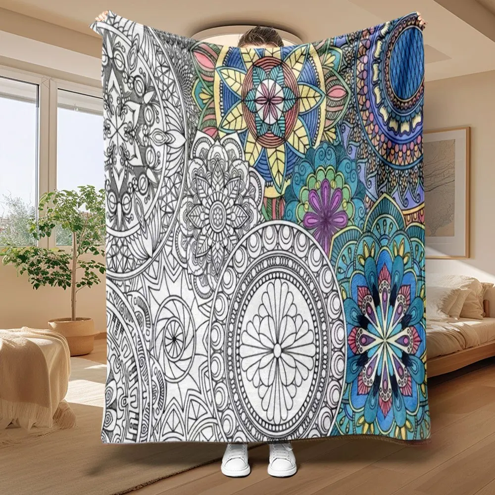 Mixed Color Black White Mandala Flower Flannel Blanket, Bohemian Round Floral Line Art Print Soft Throw for Bedroom Sofa Travel