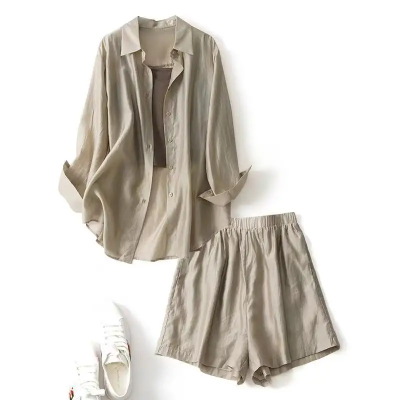 

Women's 3Pcs Clothing Sets With Sun Protection Shirt Top+Slim Fit Camisole+Loose High Waisted Shorts Summer Casual Solid Suit