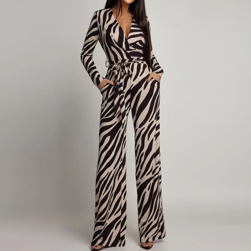 

Модный комбинезон с полосатым принтом, элегантный комбинезон с V-образным вырезом и шнуровкой, длинный комбинезон 2026 года, женский повседневный комбинезон с длинными рукавами для отпуска