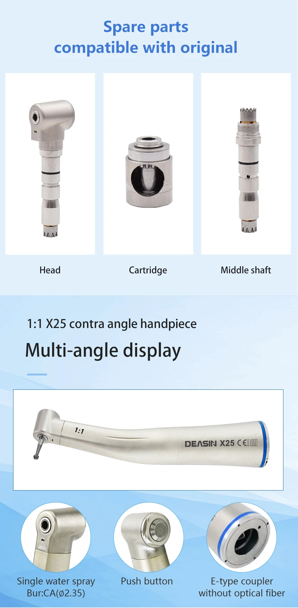 Contra Angle 1:1 1:5 20:1 1:4.2 Dental Handpiece Fiber Optic Low Speed High Speed X95L Style Dental Implant Equipment