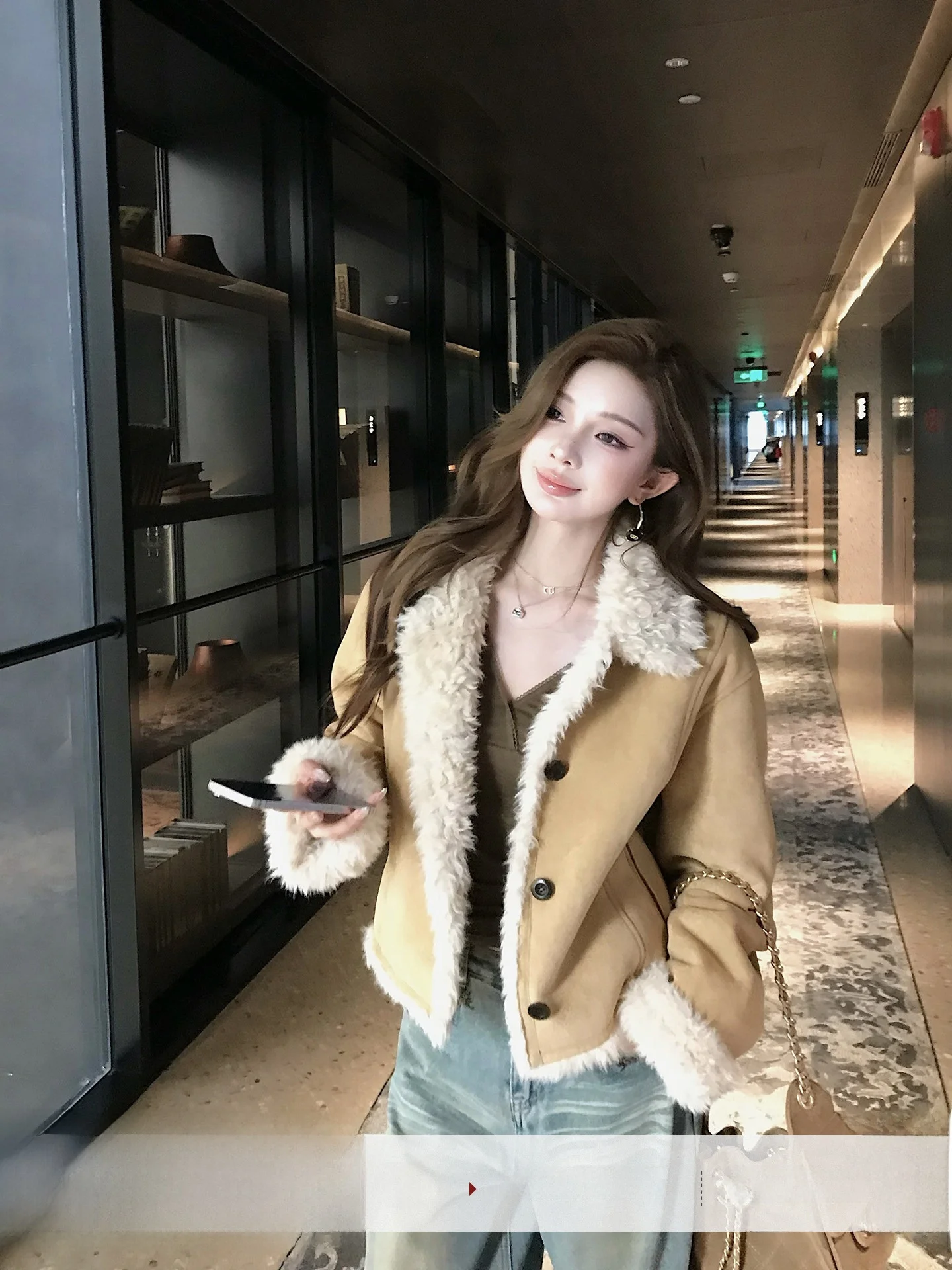 Thiened Lamb Velvet Jaet Casual damesjas met lange mouwen en hoge kraag, warme herfst-winter suède bovenkleding