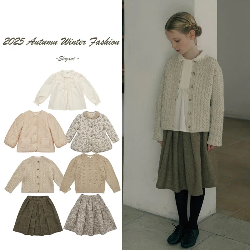 

Girls Cardigan Sweater 2025 Autumn Winter Cotton-padded Jacket Casual White Shirt Girls' Casual Solid Half Skirt Girls Clothing