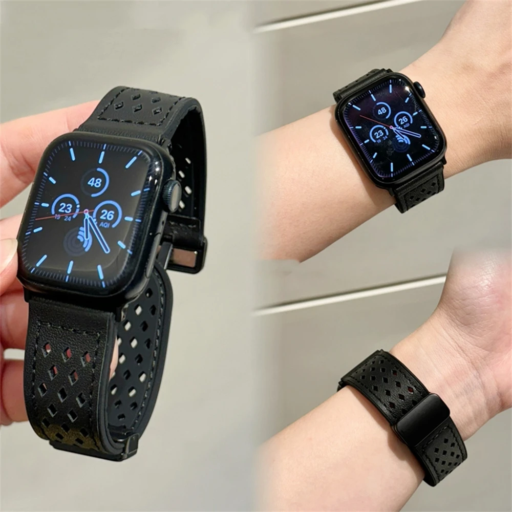 Luxury Leather Breathable Hole Band For Apple Watch 44 40 45 41 49 42 38mm Magnetic Buckle Strap For Ultra Serie 9 8 SE 7 6 5 4