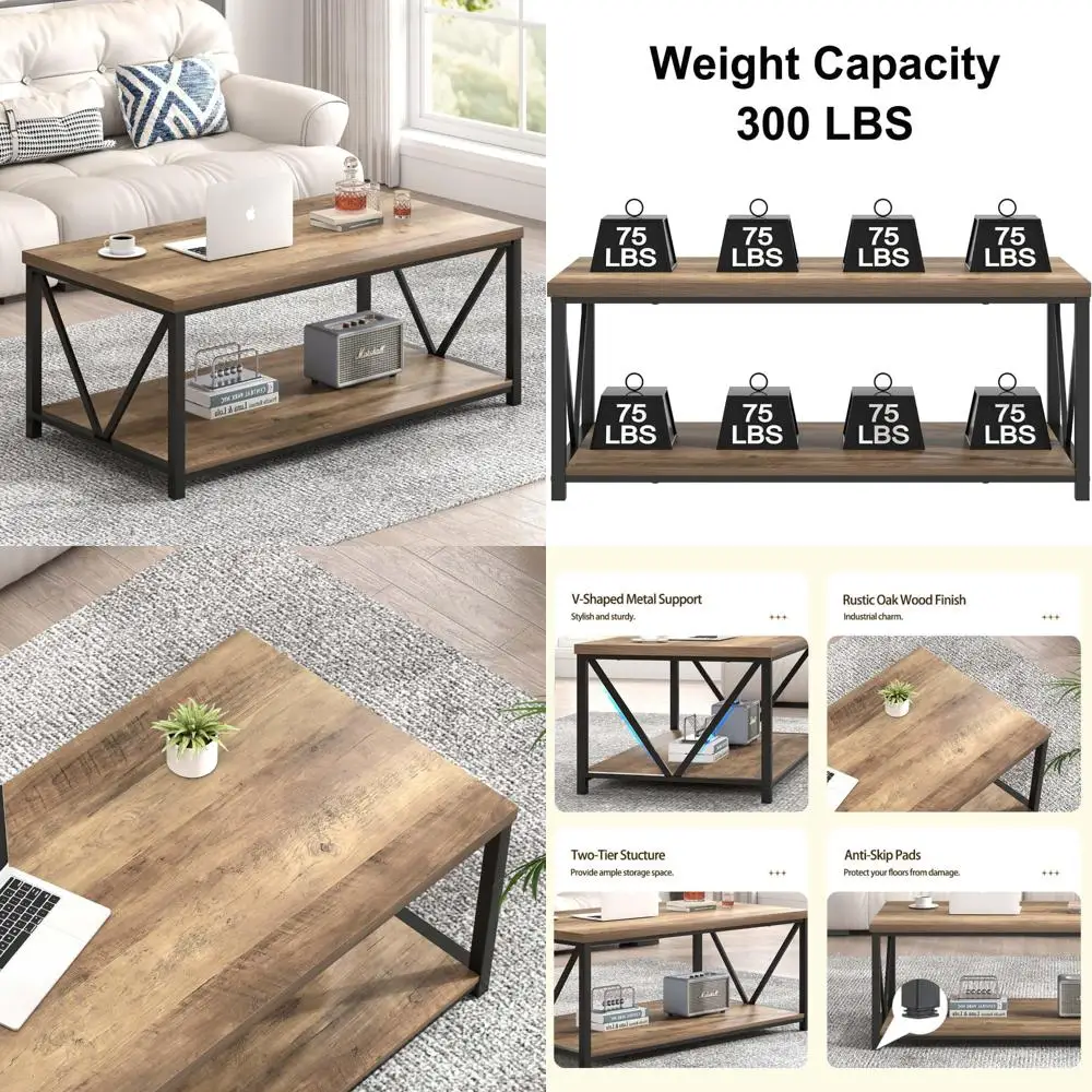 

Modern Industrial Metal and Wood Storage Coffee Table, Rectangular Living Room Cocktail Tea Table