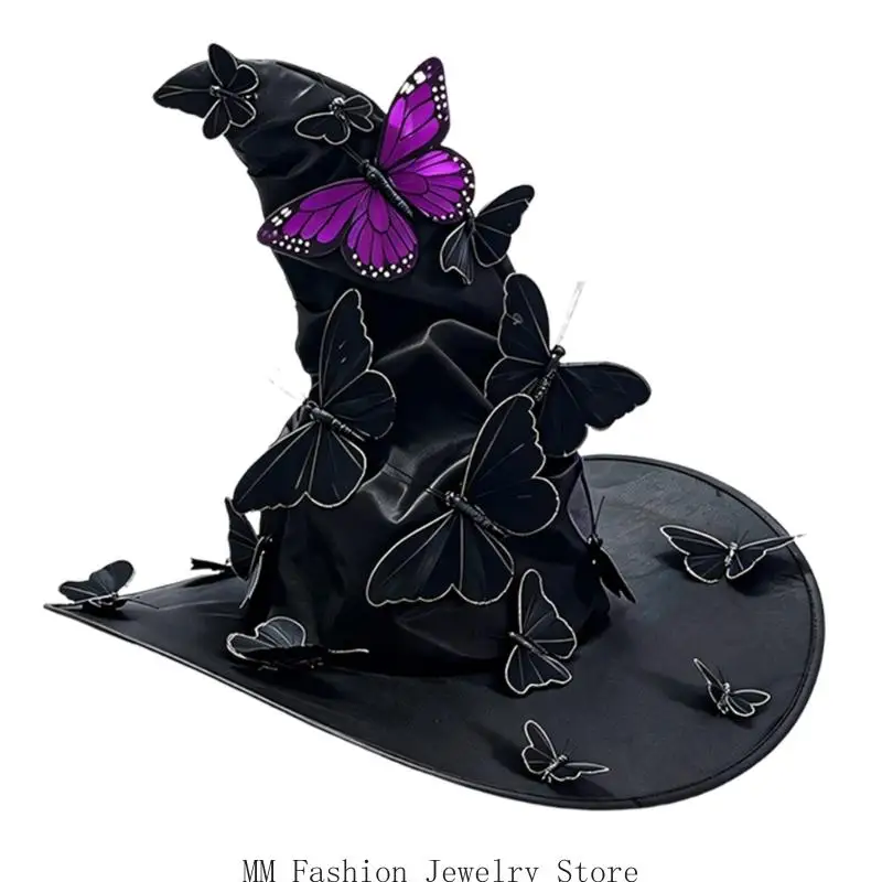 Butterfly Witch Hat Accessory, Pointed Polyester Hat for Halloween Looks, DIY Styling, and Photo Use D0UB