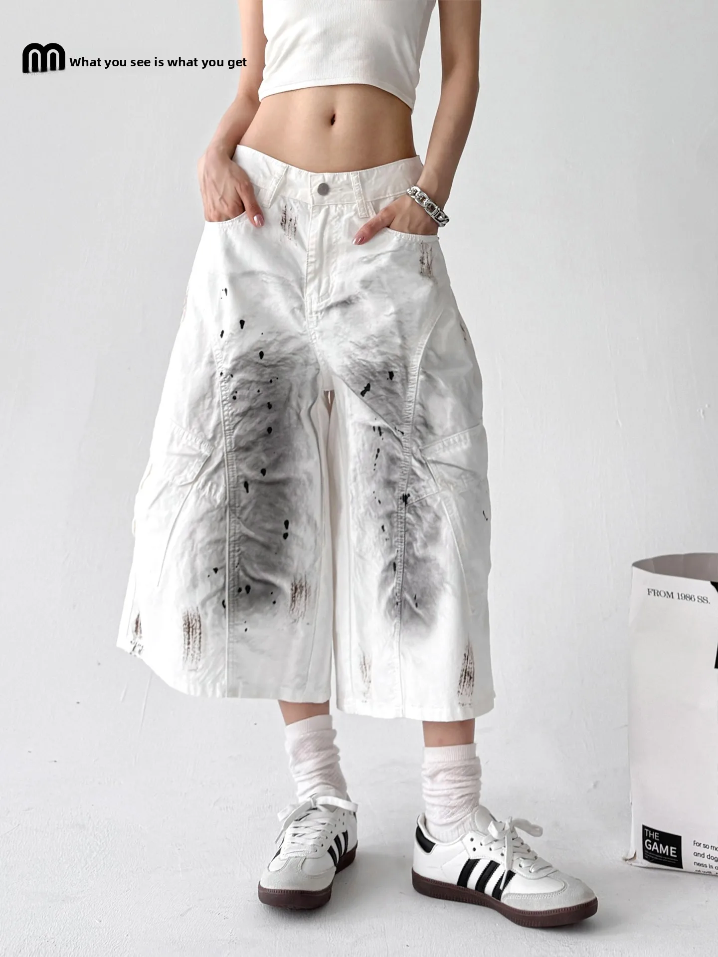 

Лето 2023. Женские белые джинсовые джинсы с высокой талией и широкими штанинами, семь футов, с несколькими карманами, чернилами, Spla, повседневные