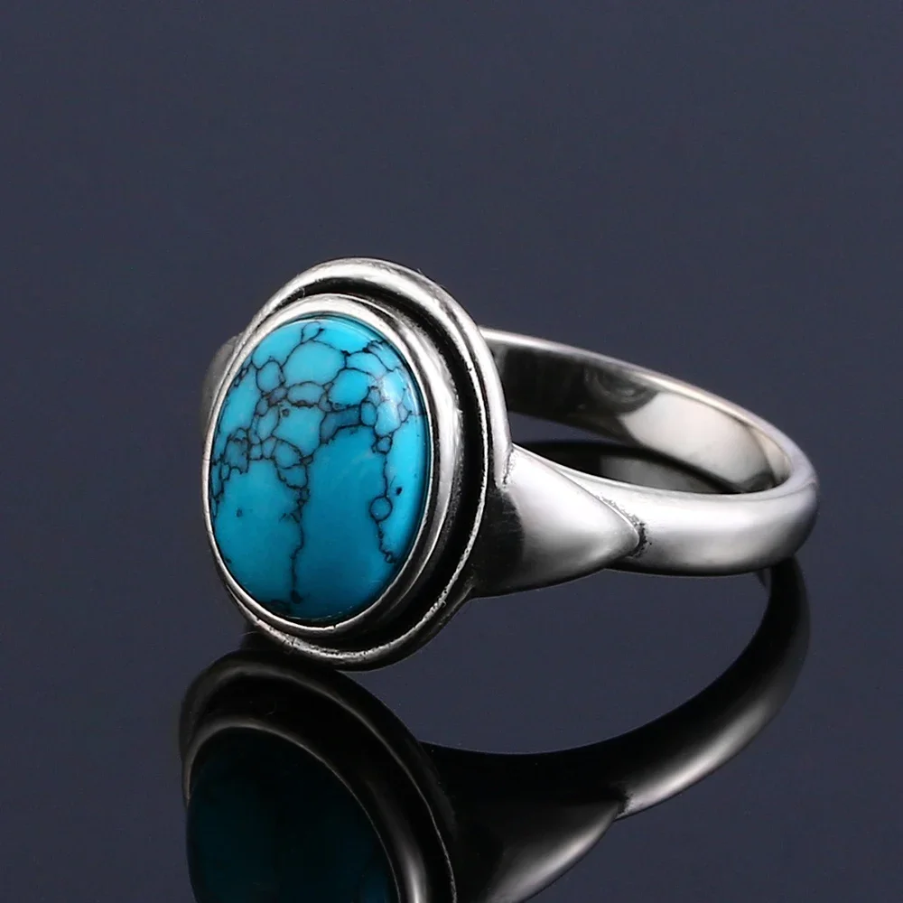Charms 8x10MM Turquoise Woman Wedding Rings Silver Jewelry Girls Female \'s Party Anniversary Birthday Present Wholesale