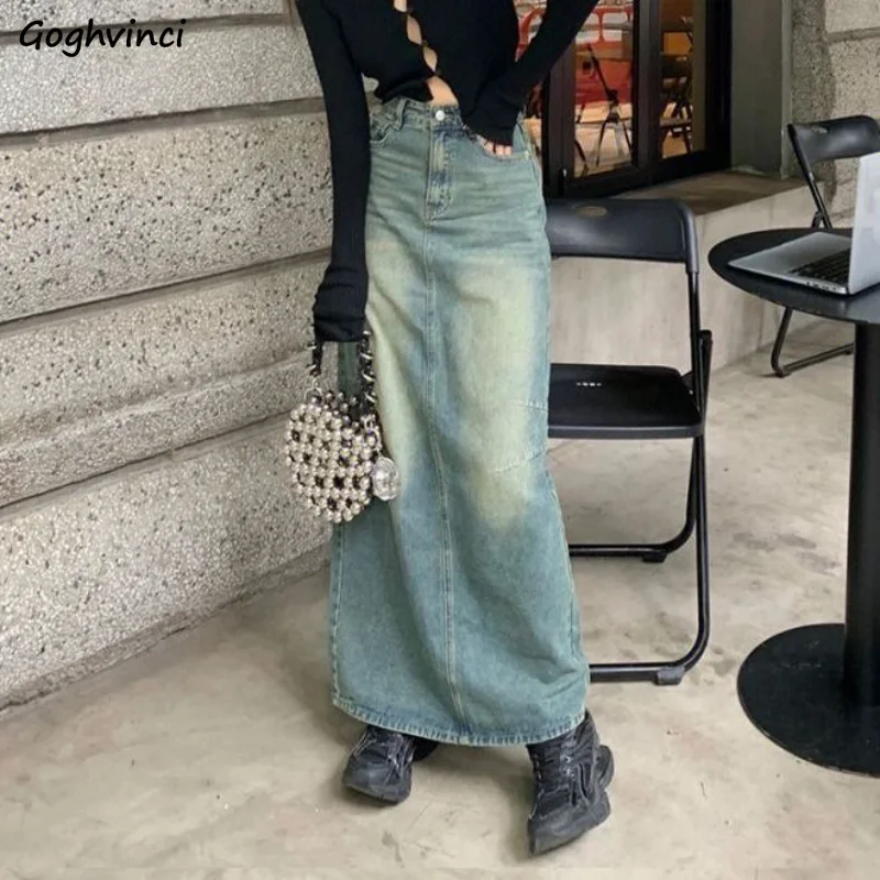 

Midi Denim Skirts Women Spring All-match Distressed Design Simple High Waist OL Leisure Korean Chic Streetwear Vintage Faldas