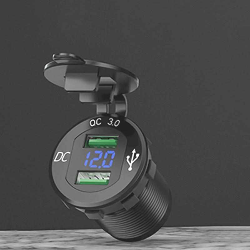 شحن سريع للسيارة شاحن يو اس بي مزدوج ، مقبس مقاوم للماء ، منفذ طاقة ألومنيوم ، شحن سريع مع فولتميتر ليد ، 24 فولت
