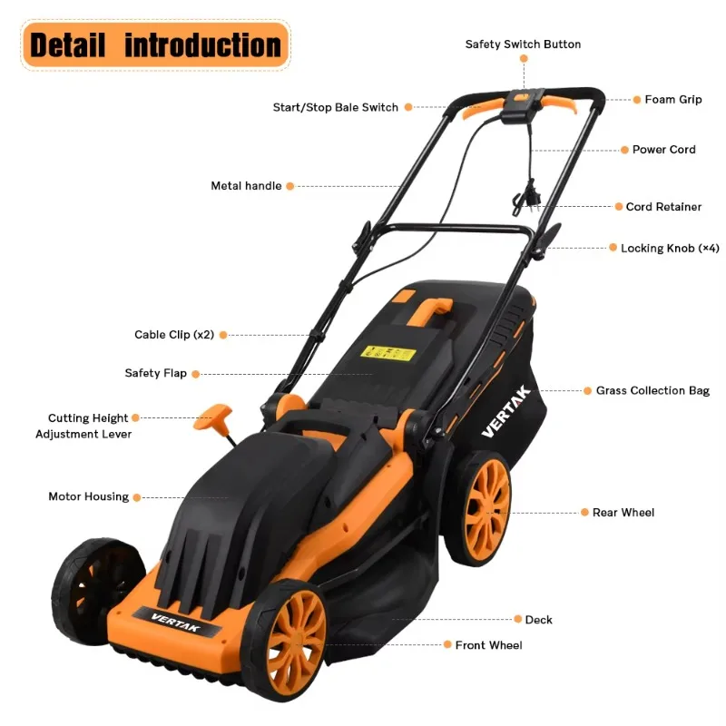 【Brand new】Vertak 1600W Brushed Electric Lawn Mower, 35L Grass Bag & 6-Pos Height Adjust, 2-Step Safe Start Lawn Cutter for Gard