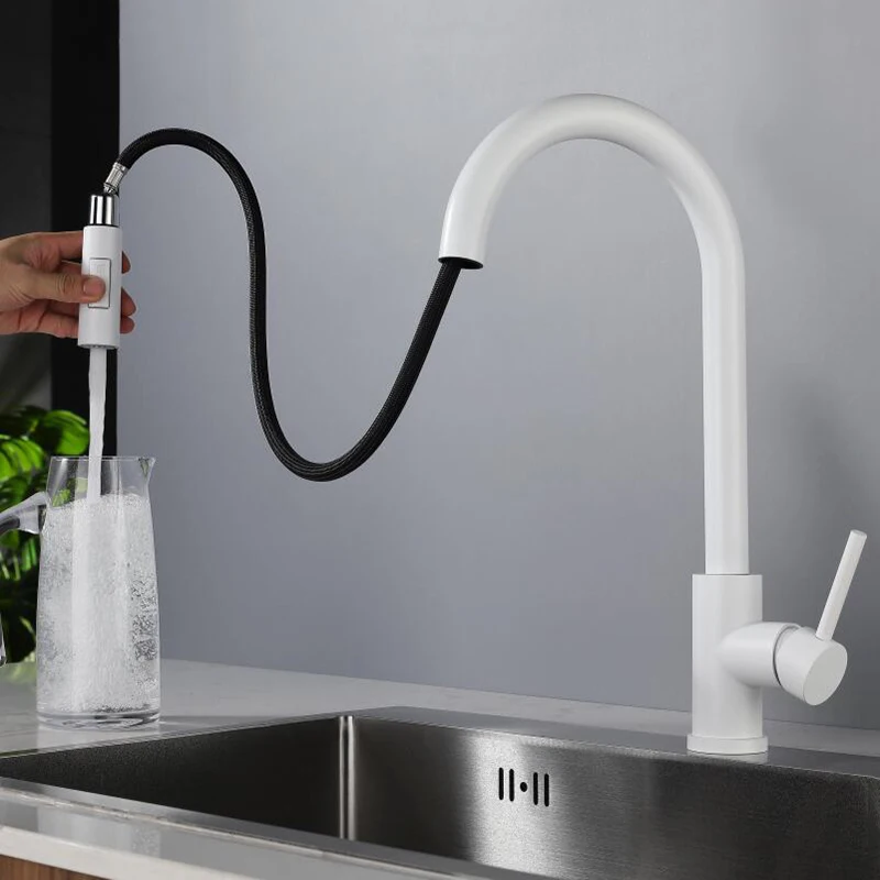 White Intelligent Touch Induction Hot And Cold Kitchen Pull Faucet Rotating Sink Faucet