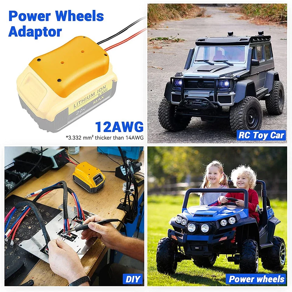 Power Wheels Adapter for Dewalt 20V Battery Adapter with Switch Fuse & Wire Terminals 12AWG Wire DIY Ride On Truck RC Car Toys