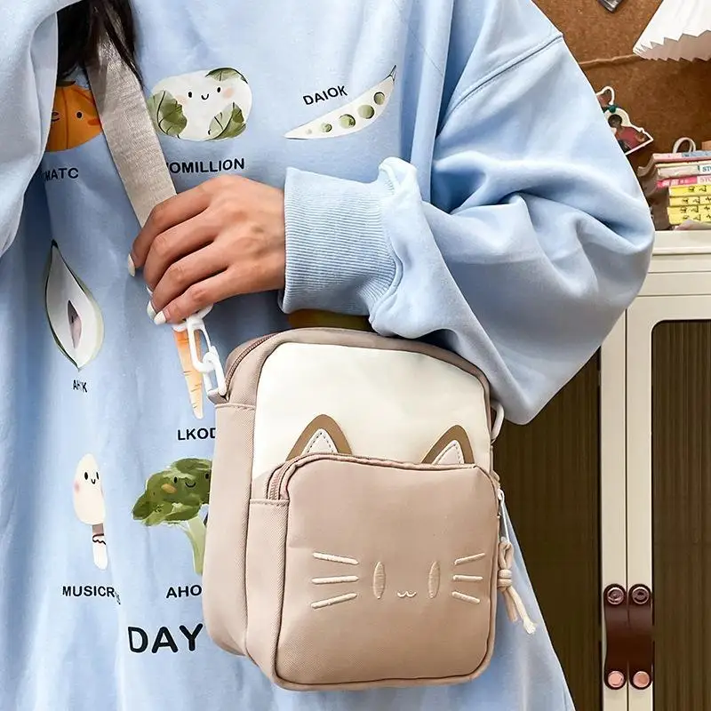 Niedliche Katzen-Stickerei Umhängetasche Schultertasche Lässige Mini-Handytasche für Mädchen Teenager Tägliche Outdoor-Reise – Detail 3