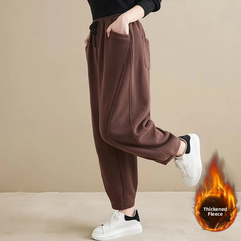 Women's Fce Lined Loose Fit Casual Thiened Sports Pants High Waist Asymmetric Long Trousers Autumn Winter Faion