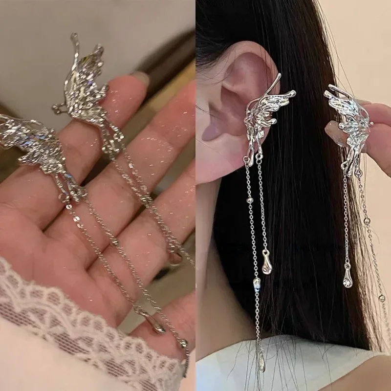 Fashion Fairy Butterfly Ear Clips Angel Ear Bone Clip Earring Elf Female No Ear Hole Cuff Tassel Hanging Earring Jewelry