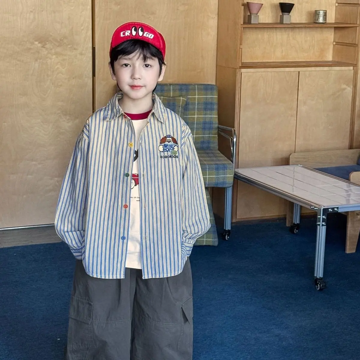 2026 Spring New Boys Embroidered Striped Shirt Kids Lightweight Casual Button Up Tops Children Clothing