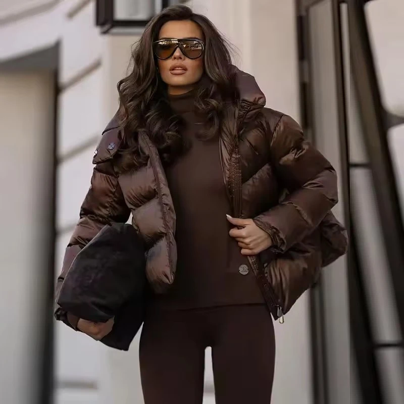 

Chic Casual Brown Hooded Winter Jacket Cotton Coat Fashion Women Long Sleeve Warm Loose Short Parka Coats Lady Street Outwear ﻿