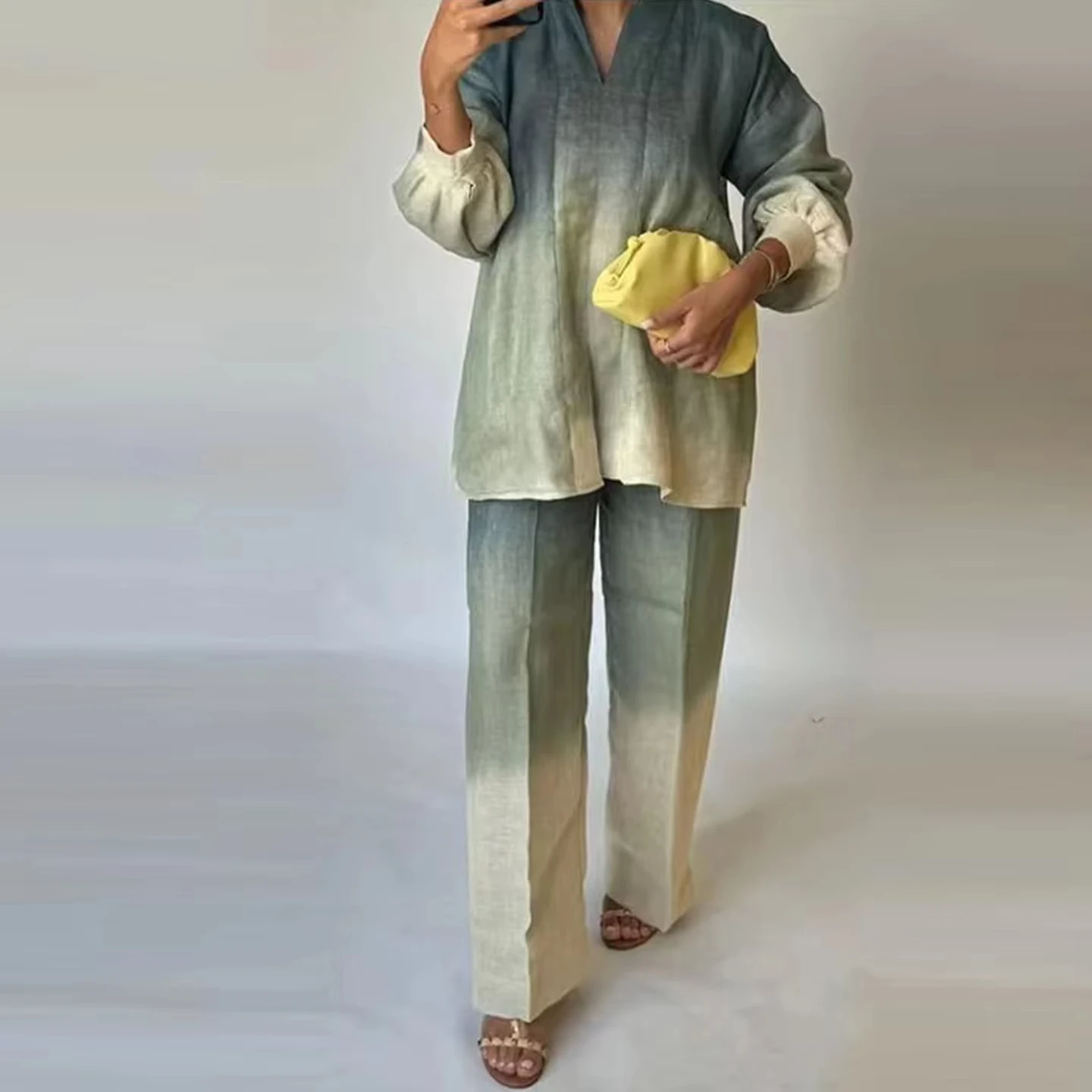 女性用バギーシャツとワイドレッグパンツセット,タイダイ,グラデーションプリント,ボタンブラウス,ロングパンツ,サテン,ヴィンテージ,シック,秋,新品