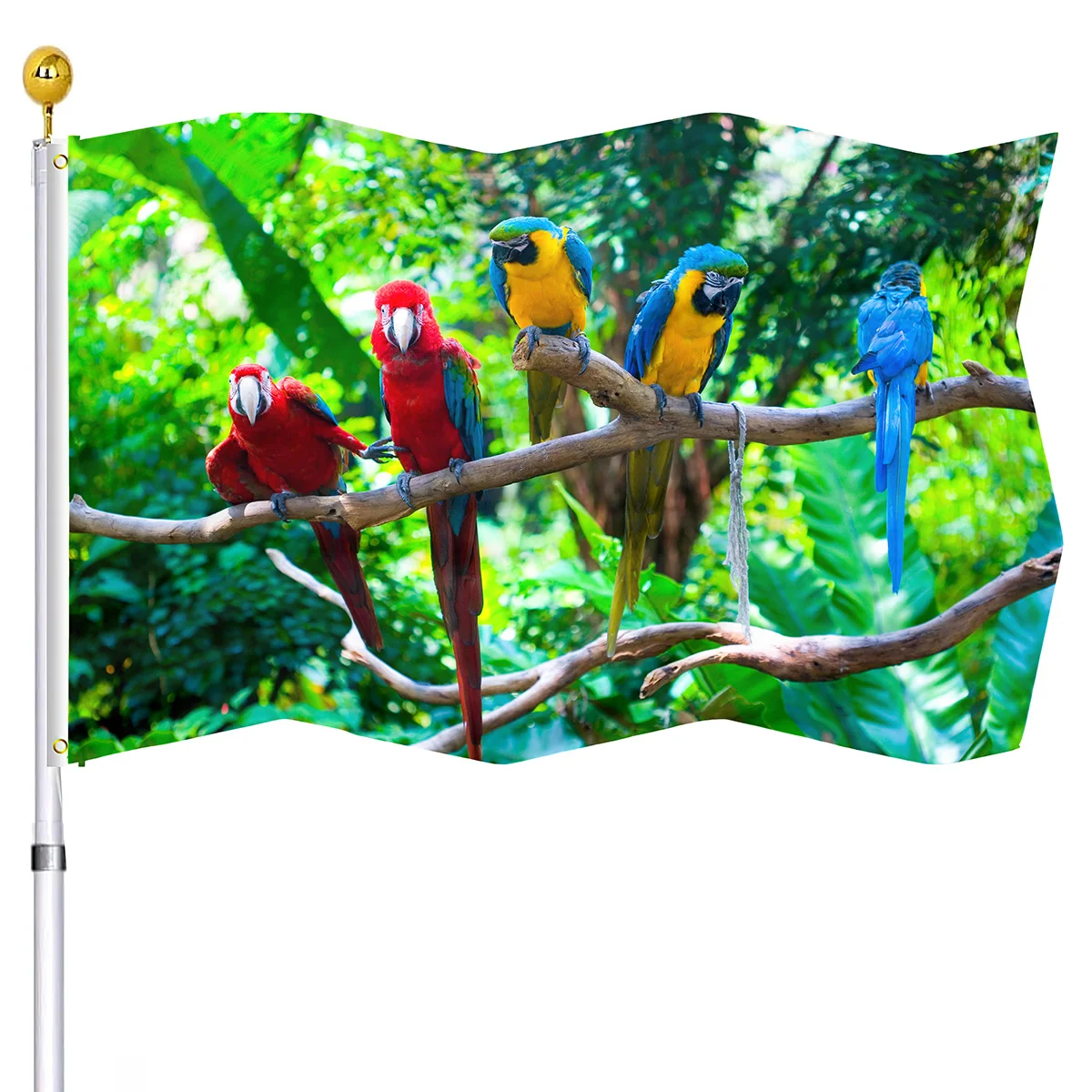 

Parrots on The Branch Flag Green Jungle Colorful Birds Flags with Brass Grommets House Indoor Outdoor Decor Double Stitched Flag