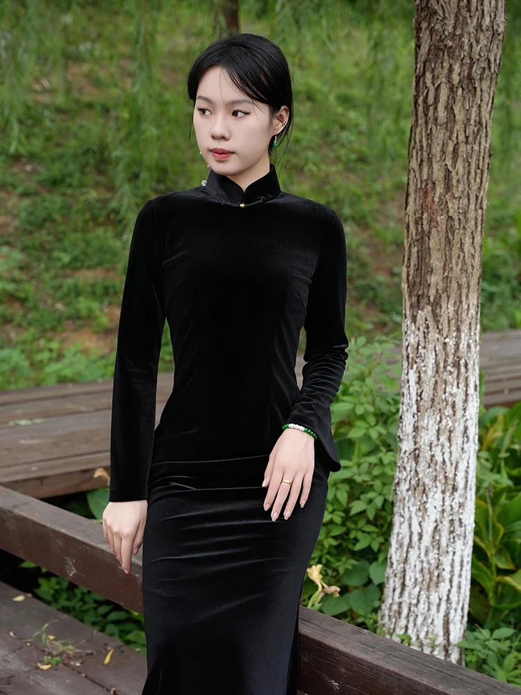 

Ele для похудения Anghai Sle Long Qipao с Fi Tail Ba на молнии ручной работы и пуговицах, винтажный черный бархатный низкий разрез для женщин