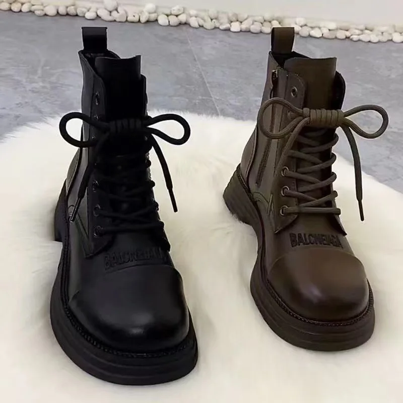 2024 Fashion Round Toe Women’s Platform Non-slip Leather Booties Lace-up Booties Outdoor Casual Daily hot Boots Botas Mujer