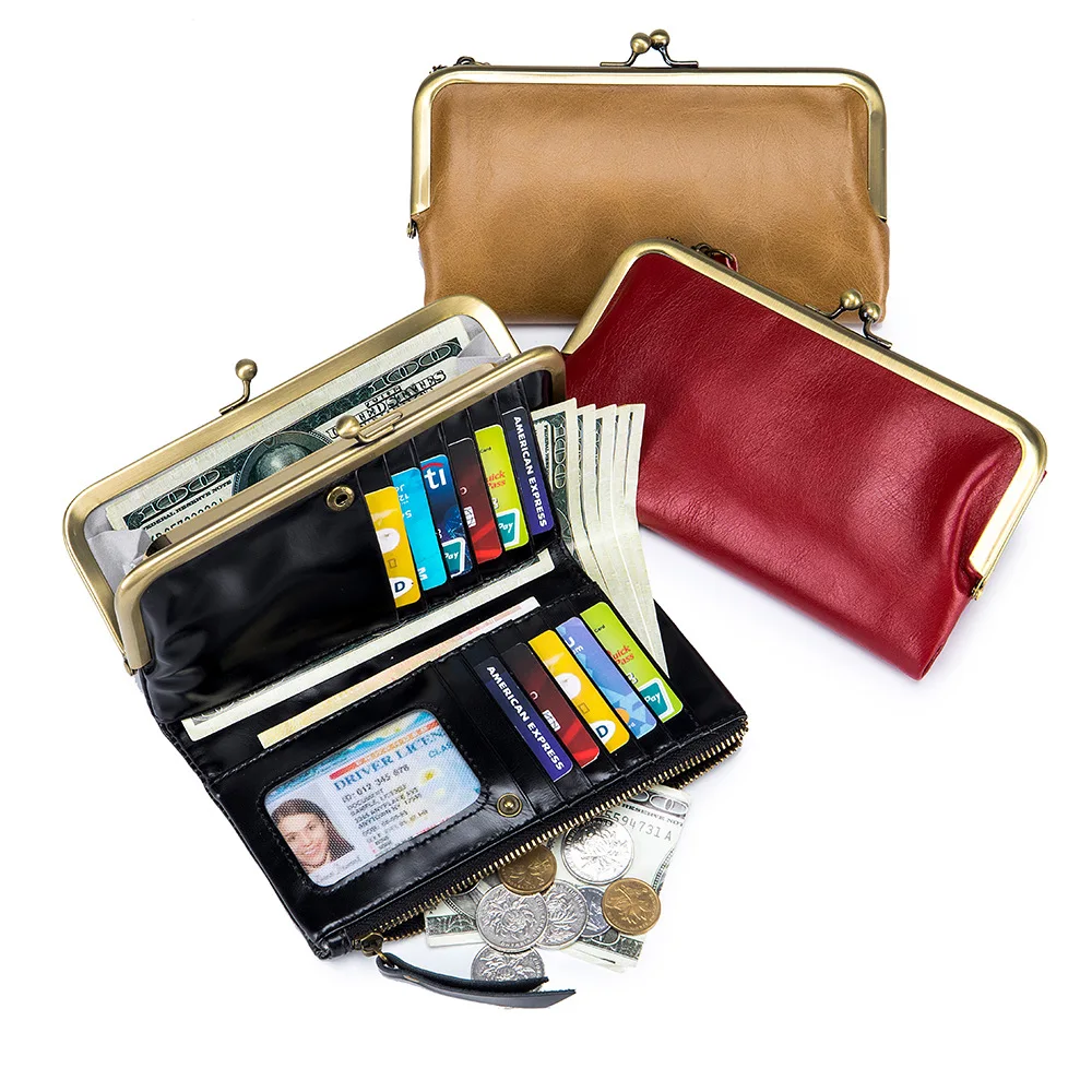Genuine Leather Women Long Wallets Multi-functional Cowhide Card Holder Small Coin Purse Luxury Clip Clutch Bag Money Pouch