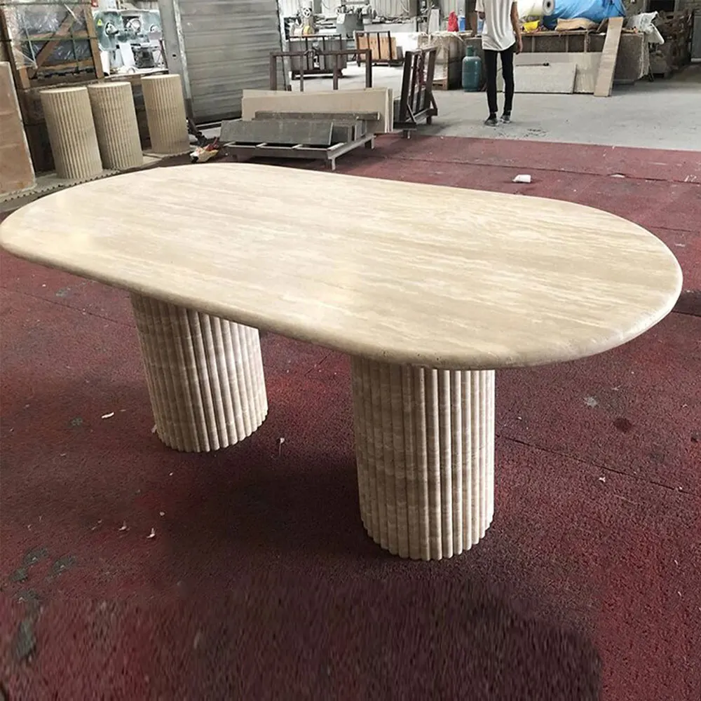 OEM Modern Natural Marble Stone Matte Turkey Beige Travertine Round Coffee Table with Cylinder Plinth Travertino Console Table