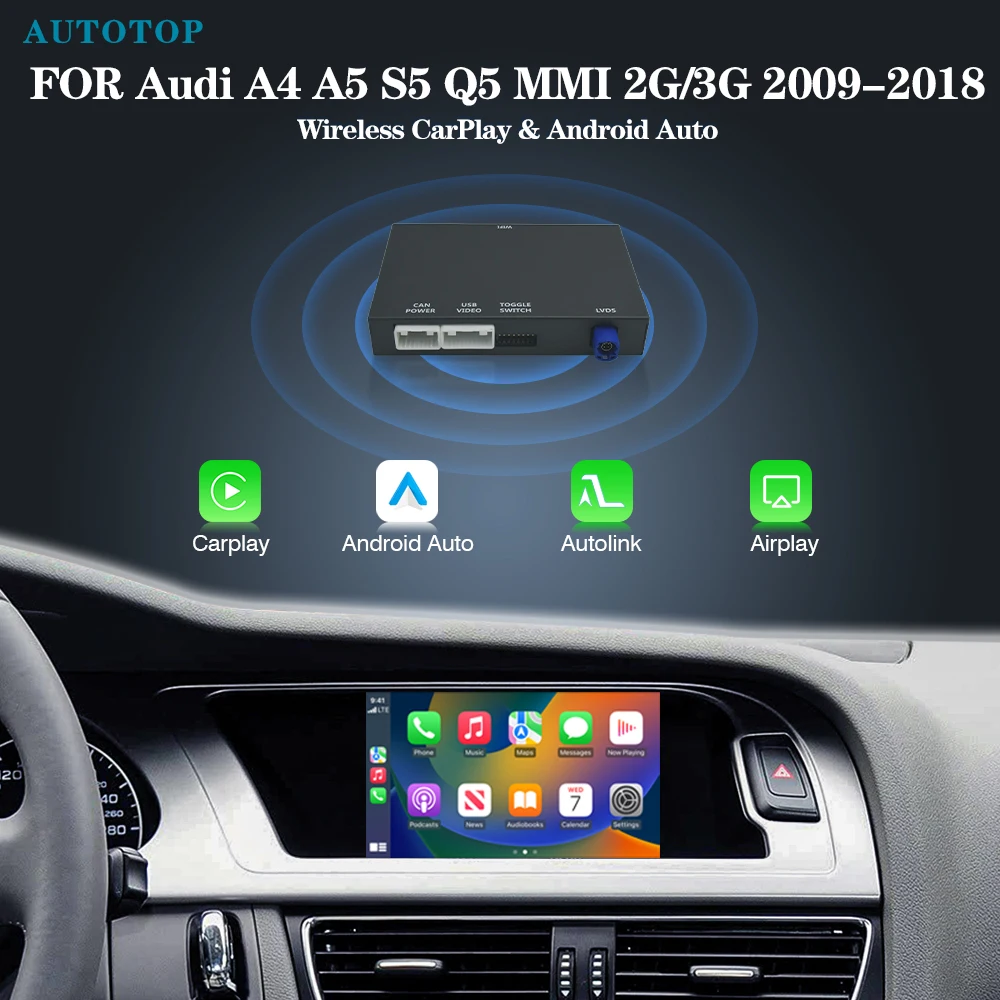 AUTOTOP Drahtlose CarPlay Android Automatische Konverter Box Für Audi A4 B8 A5 Q5 S5 MMI 3g 2009-2018 Spiegel Link Rück GPS WIFI