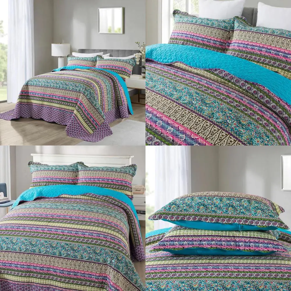 

Cotton Quilted Patchwork Bedspread Set - Stripe Jacquard Design, Reversible Coverlet, California King