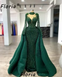 Heavy Beads Dubai Mermaid Evening Dresses With Detachable Train Crystal Celebrity Party Gown Customized Wedding Guest Robe Green