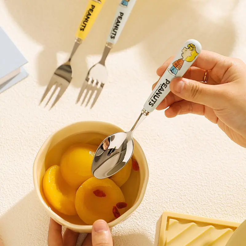 Snoopy Sally Browen Charlie Brown Cartoon Cute Stainless Steel Fruit Fork Spoon Kawaii Ceramic Handle Children's Tableware Gift