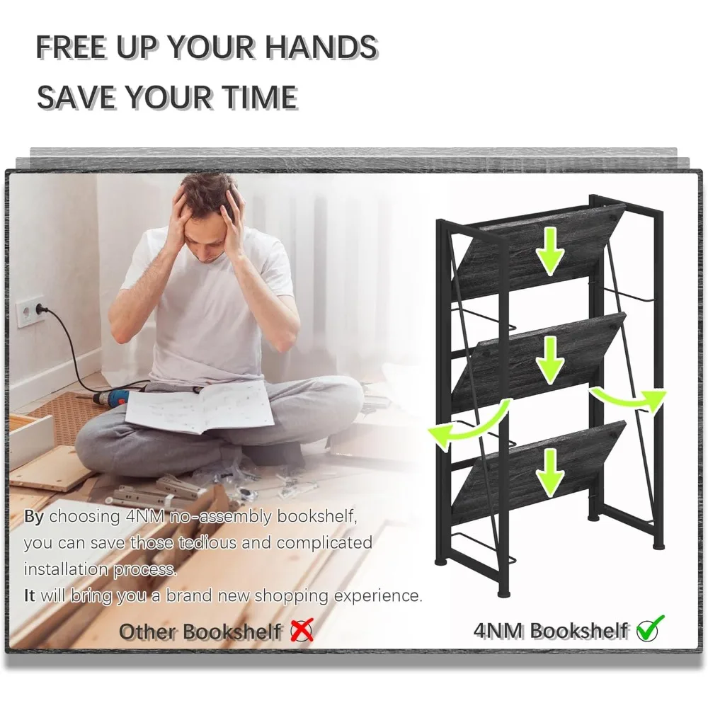4NM Scaffale pieghevole senza montaggio Scaffali portaoggetti Libreria vintage a 3 livelli Scaffali in piedi Organizzatore di studio Home Office (Grigio Nero