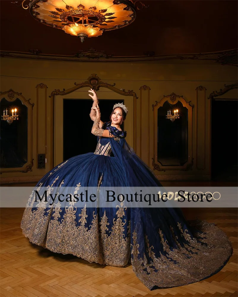 Navy Blue Quinceanera gaun bola gaun 2024 mengkilap renda Applique manik-manik kristal manis 16 15 pesta ulang tahun gaun korset jubah