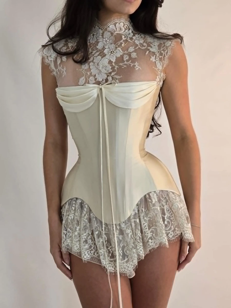 Custom Ivory High Neck Evening Dress Floral Lace Sheer Corset Prom Dresses Mini Vestidos De Noche Ruffle Formal Evening 2026