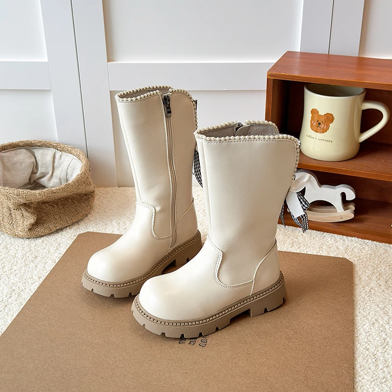 

Fashion Girls Platform Boots 2025 New Sweet Bowknot Children Mid-calf Boots for Princess Elegant Kids Wedding Party Long Boots