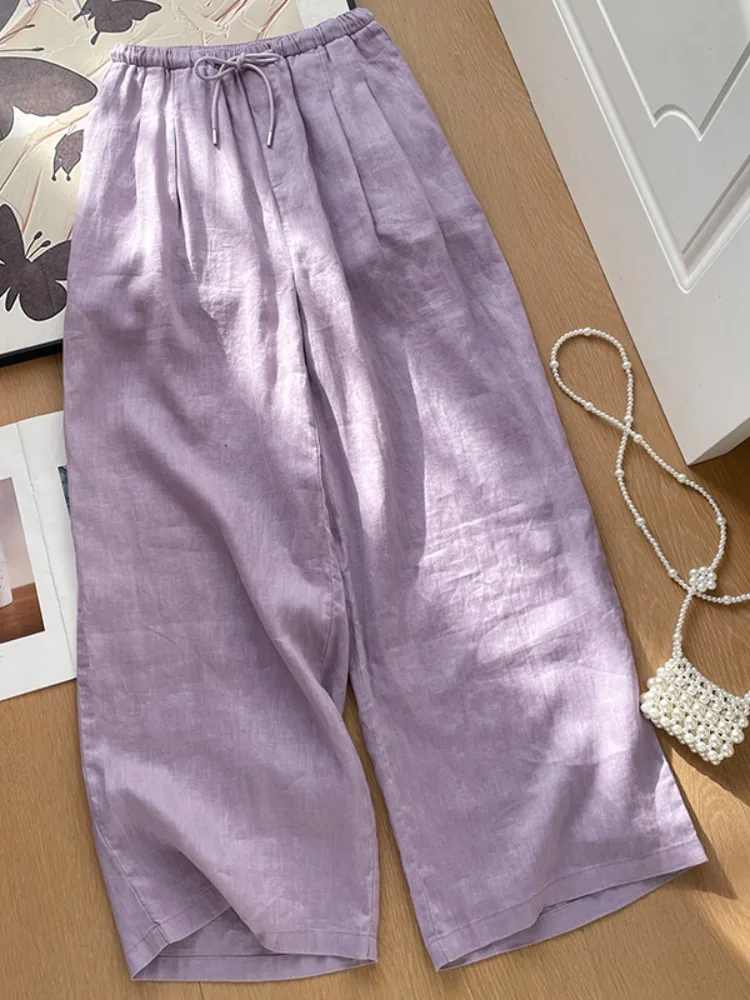 Chic Purple Linen Casual Wide Leg Pants Women Summer Loose Lazy Style Draped Cotton Linen Straight Home Pants