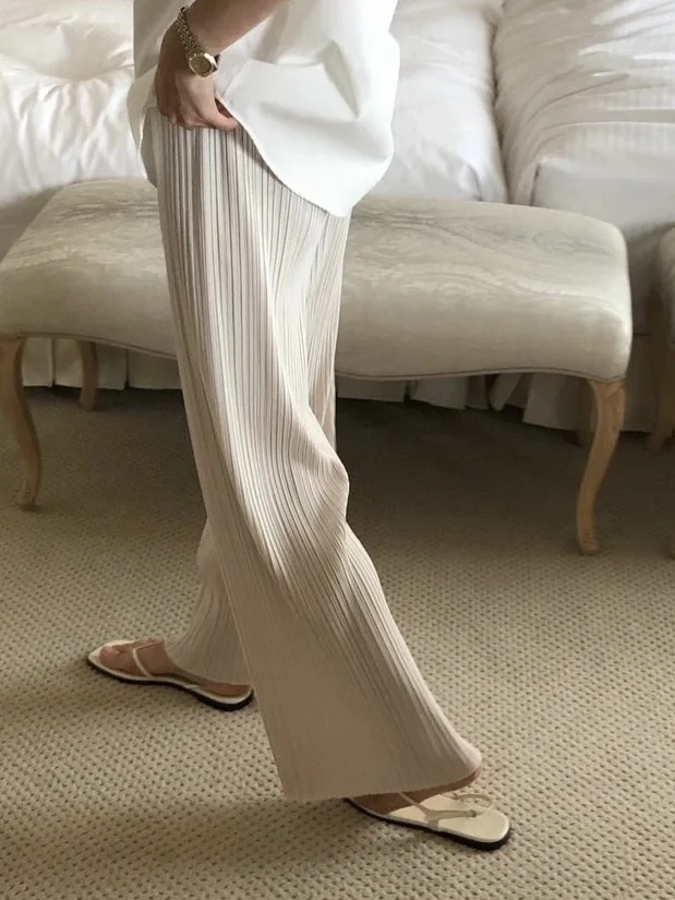 Candy Miss Korean Style Pleated Slimming Drapey Straight Leg Cool Summer Swing Pants High Waist Wide Leg Thin Material