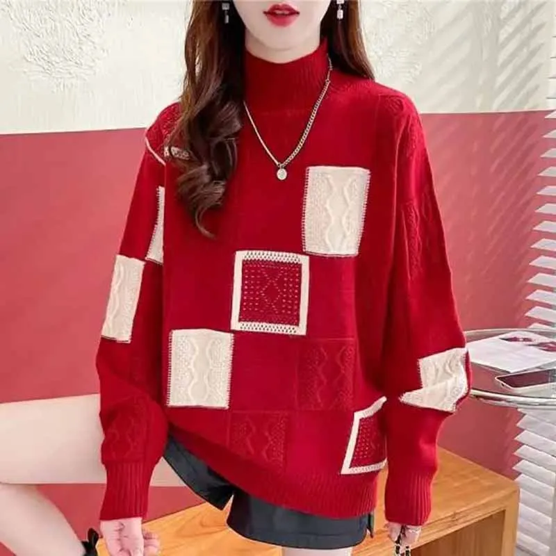 

Female Red Autumn Winter New Thickening Half High Collar Pullover Sweater Women Westernization Undershirt Knitting Jumper Knit