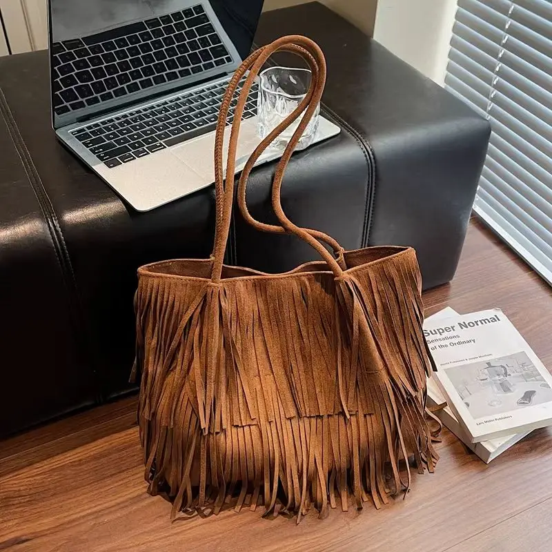 

Сумка-тоут из искусственной замши в стиле ретро с кисточками, сумка на плечо в богемном стиле, повседневная универсальная сумка на плечо, модная женская сумка