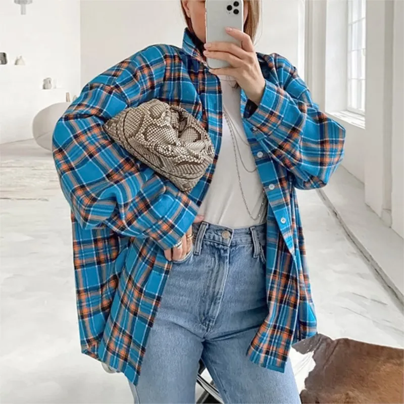 

Винтажная блузка большого размера для женщин, модная клетчатая рубашка с отложным воротником, однобортные офисные рубашки с длинными рукавами, новинка 2025, весна