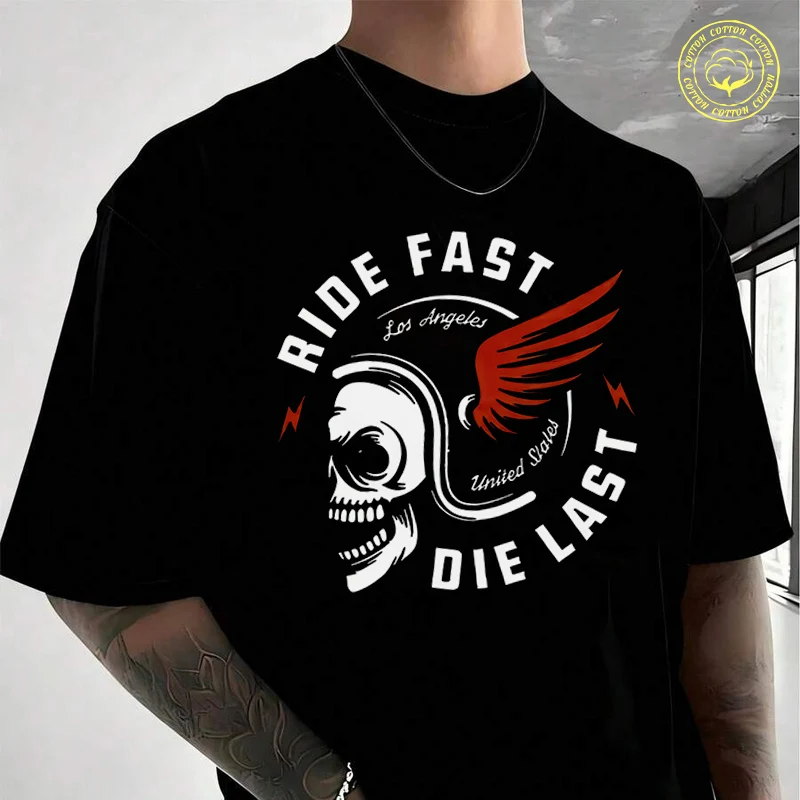 

Skull Letter Print Motorcycle Men's Cotton T-Shirt Moto New Casual O-neck Short Sleeve Summer Streetwear Tees