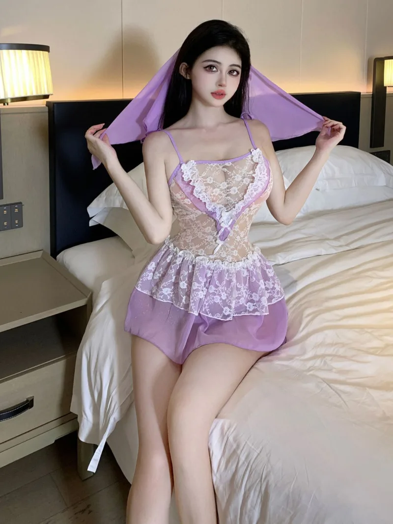 ドレスパープルミニセクシーなランジェリーレースメッシュ薄手の透明スリム背中の開いたブライダルドレスエレガントな甘い韓国女性 2023 トップス V1GJ