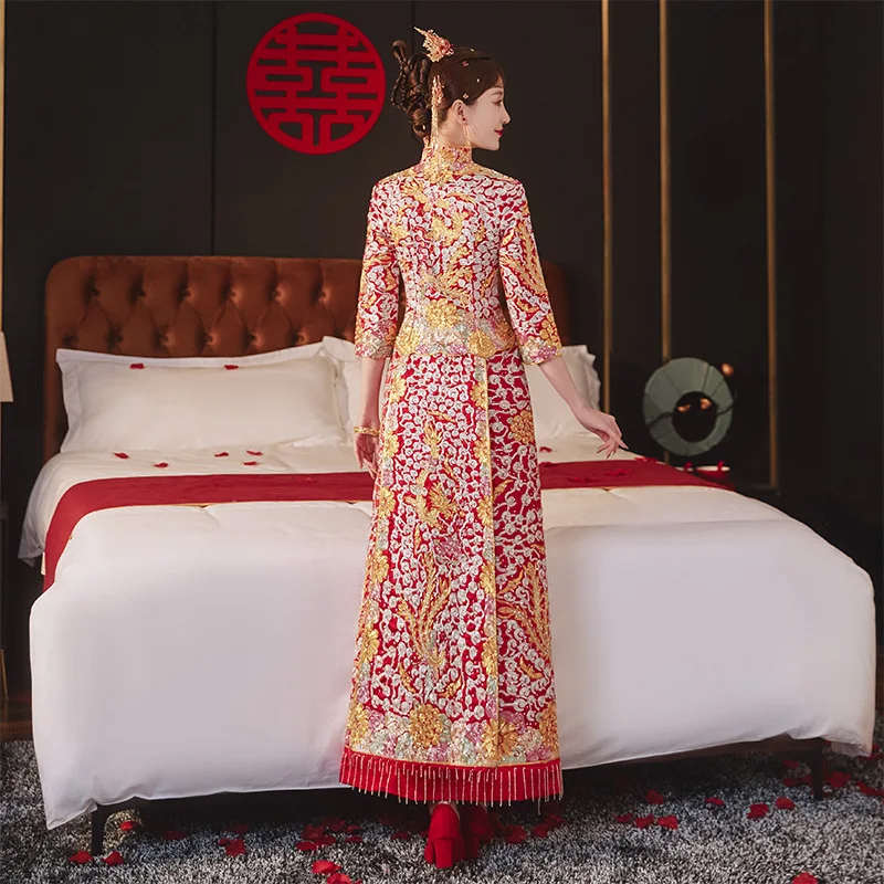 Robe de mariée chinoise traditionnelle en satin Cheongsam pour femmes, broderie financière, dragon et phénix, Qipao rouge, robe longue éducative,