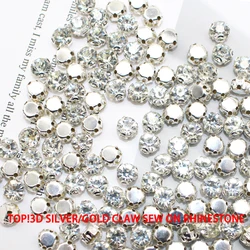 Top 4mm-8mm 3D Sliver Claw Sew On Clear Crystal Rhinestone With Hole Flatback DIY Sewing Strass Rhinestone For Dress Decoration