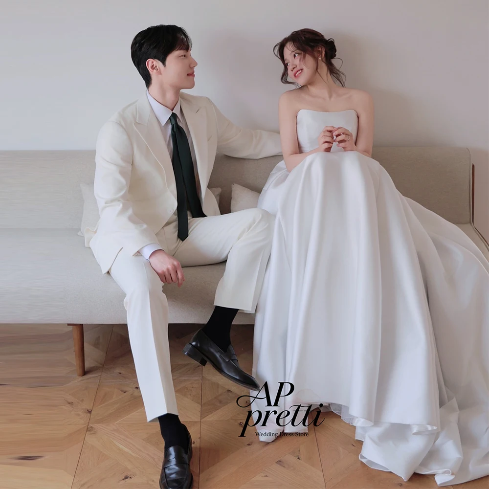 AP Pretti Elegant Soft Satin Korea Wedding Dress Photo Shoot Strapless Customized Sleeveless A-line Floor-Length Bridal Gown