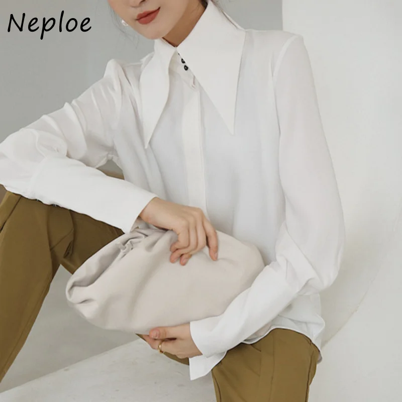 Neploe Turn Down Collar Solid Color Long Sleeve Shirts Early Spring Vintage Blusas Mujer De Moda 2024 Single-breasted Blouses