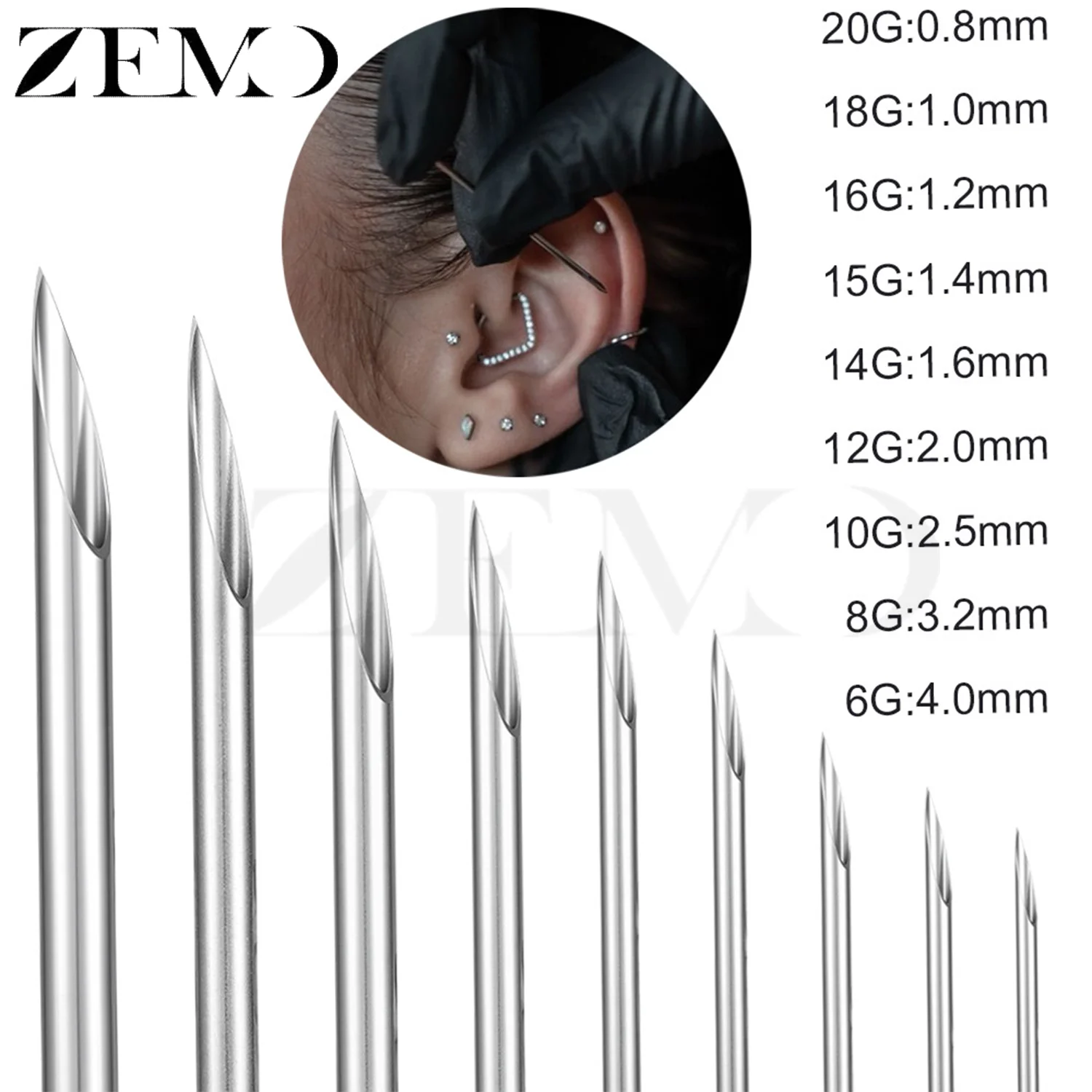 ZEMO 10PCS Body Piercing Needles 316L Stainless Steel Disposable Sterile Puncture Tool Ear Nose Tongue Navel Lip Piercings Tools